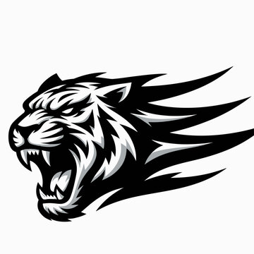 A dynamic black and white stylized tiger head roaring with speed lines, depicting power and aggression, suitable for a sports mascot or logo.