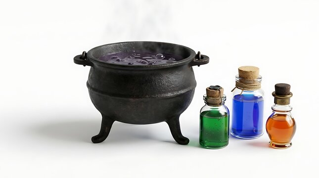 Black cauldron with colored potion bottles