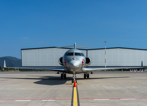 FAI rent-a-jet private airplane Bombardier Global 6000 parked at BGY Milano Bergamo international airport