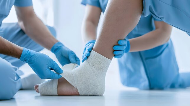 Medical professionals wrapping an injured ankle with a bandage in a clinic. Professional medical treatment and sports injury rehabilitation concept.