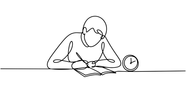 Continuous One Line Drawing of Student Writing in Notebook with Clock Time Management Vector Illustration