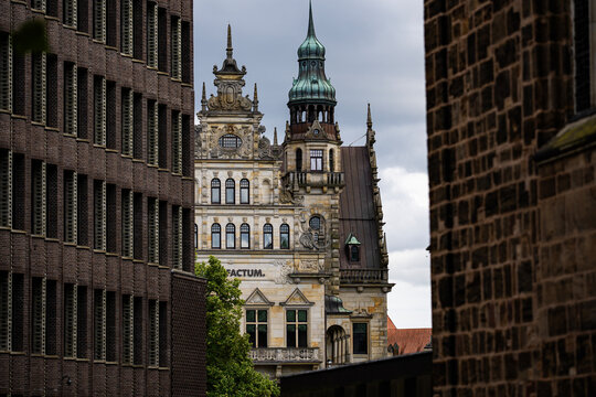 Bremen historic Bremer Bank at Domshof. Bremen Neo Renaissance architecture under cloudy sky. Former Bremer Bank in Bremen city center. European travel landmark in Bremen Old Town.
