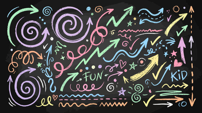 A colorful chalk drawing on a blackboard with arrows and fun designs