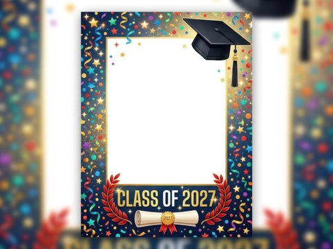 Graduation photo frame template with confetti, stars, graduation cap, diploma, and class of 2027 text for school or university celebration