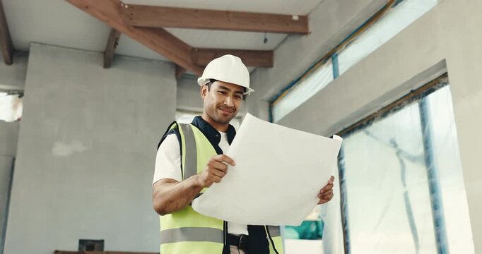 Construction, inspection and man with blueprint for building planning, safety or security. Male person, contractor or civil engineer checking property with floor layout for maintenance job on site