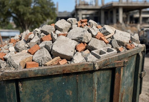 Industrial dumpster filled with broken concrete, red bricks, and construction rubble outdoors, highlighting demolition waste, renovation materials, disposal, recycling, and waste management.