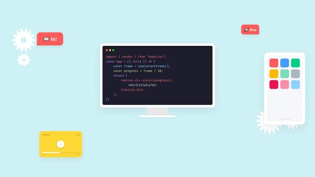Animated 2D vector graphic of software code on desktop screen alongside smartphone app interface and development icons, illustrating modern web and mobile application programming process.