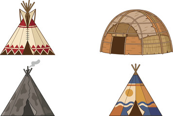 Traditional Native American Dwellings Vector Set Featuring Detailed Teepee Tents Wigwam Structures and Indigenous Historical Tribal Housing Illustrations © Abul