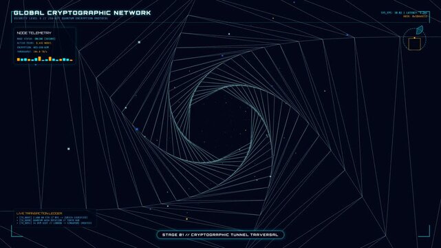 Futuristic global cryptographic network HUD interface animation featuring quantum tunnel zoom and rotating digital earth globe with glowing data nodes for cybersecurity and big data visual