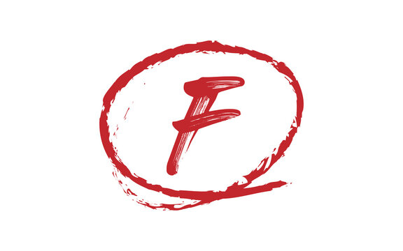 Red F letter stamp inside a rough circle for grading, rating, approval and evaluation. Hand drawn ink texture creates an authentic academic mark. Perfect for education, forms, posters and vector 