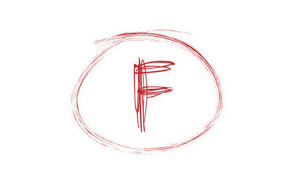 Red F letter stamp inside a rough circle for grading, rating, approval and evaluation. Hand drawn ink texture creates an authentic academic mark. Perfect for education, forms, posters and vector 