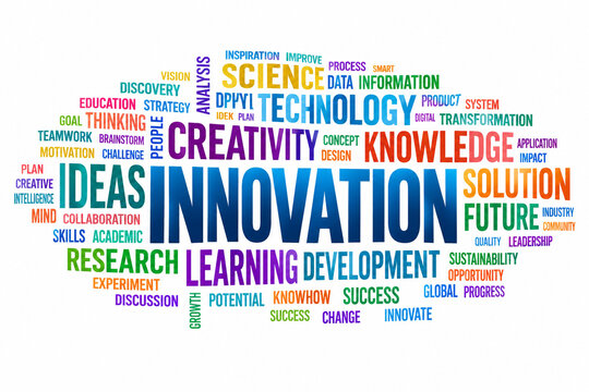 AI generated colorful word cloud highlights innovation ideas creativity technology knowledge science research learning development future progress clean background