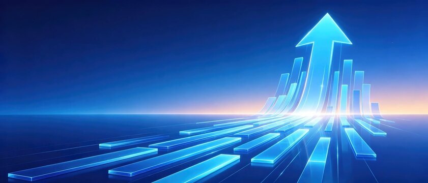 Glowing blue transparent glass bar graph with big upward pointing arrow on blue tech background representing business growth and financial success