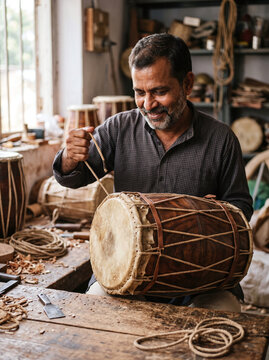 Indian craftsman lacing a traditional wooden dholak drum in his workshop