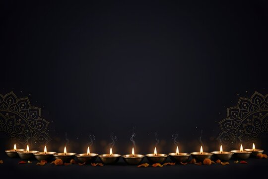 A row of lit traditional oil lamps with flickering flames and smoke against a dark background with decorative golden mandala patterns for a festive celebration.