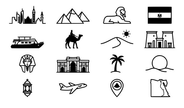 Ancient Egypt Cultural Symbols &ndash; Pharaoh Ankh Scarab Pyramid Vector Icon Collection