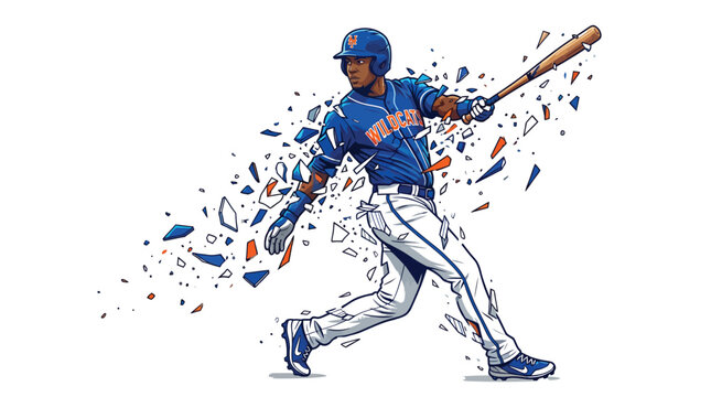 Baseball player swinging bat with dynamic motion effect and shattered glass shards on white background graphic