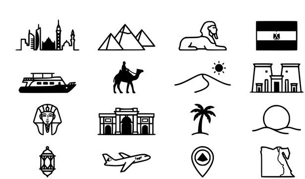 Egypt Travel and Tourism Icons &ndash; Cairo Pyramids Nile Sphinx Vector Collection