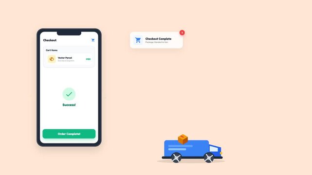 Animated 2D vector UI screen showing successful smartphone e-commerce checkout process with order complete button, discount coupon popup, delivery truck animation, and 5-star rating feedback.