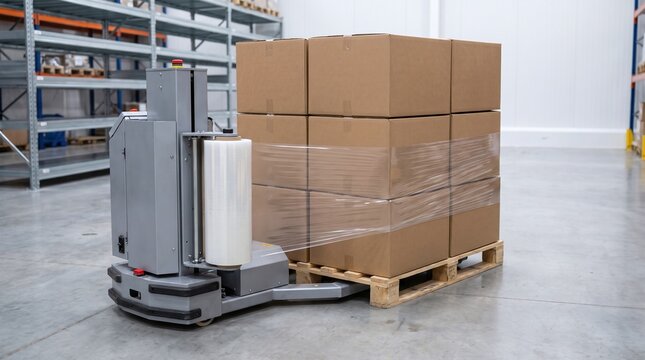 Automated pallet wrapper machine securing stacked cardboard boxes with clear plastic film in a warehouse