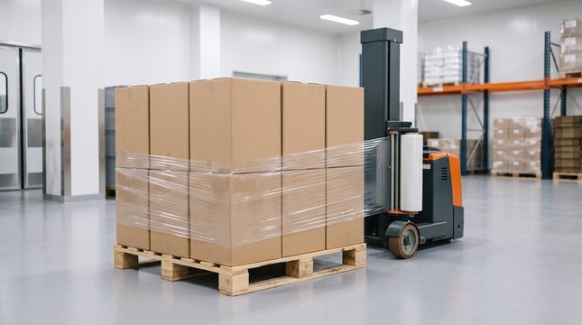 Warehouse forklift wrapping pallet of cardboard boxes with stretch film shelves with goods in background