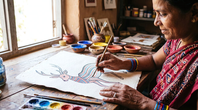Indian artist painting traditional Gond folk art deer on handmade paper