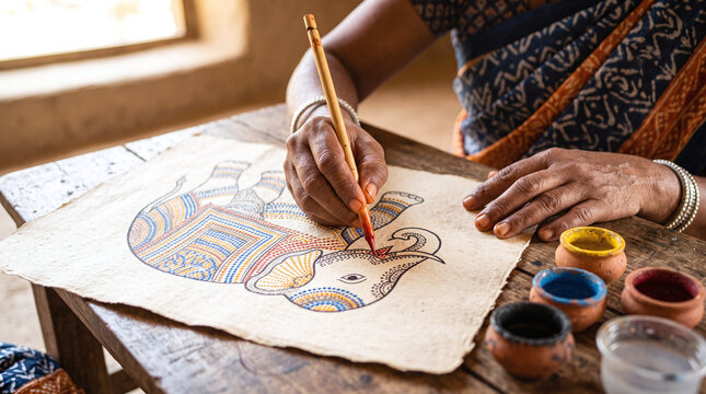 Indian woman artisan painting a traditional Gond folk art elephant on paper