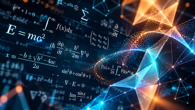 AI generated mathematical formulas physics equations merge glowing geometric networks particles representing science technology research advanced computation