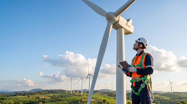 Wind Turbine Technician at Work: A diligent wind turbine technician in safety gear meticulously inspects a towering wind turbine, holding a tablet, under a clear blue sky with distant turbines.