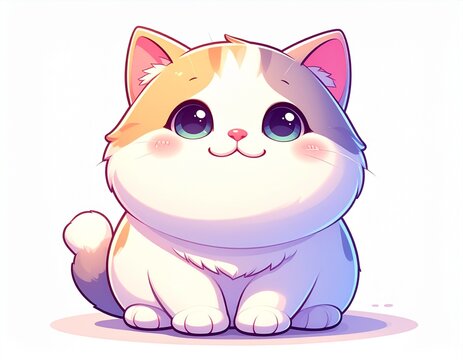 chubby fluffy cat with a round body, plump cheeks, tiny paws, short legs, and a cute.