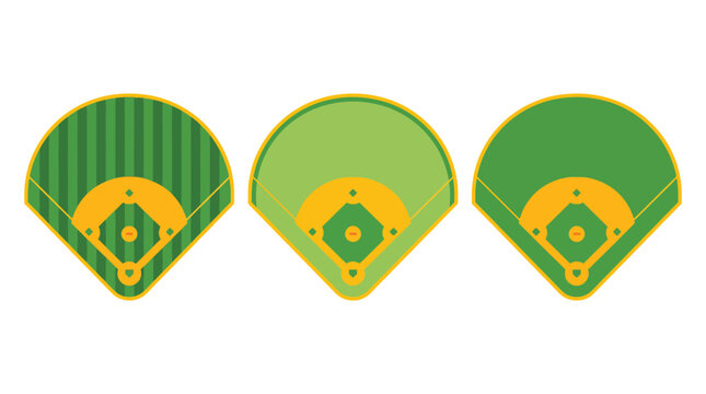 Baseball field icons showing top view stadium layouts with grass patterns and dirt infield designs set