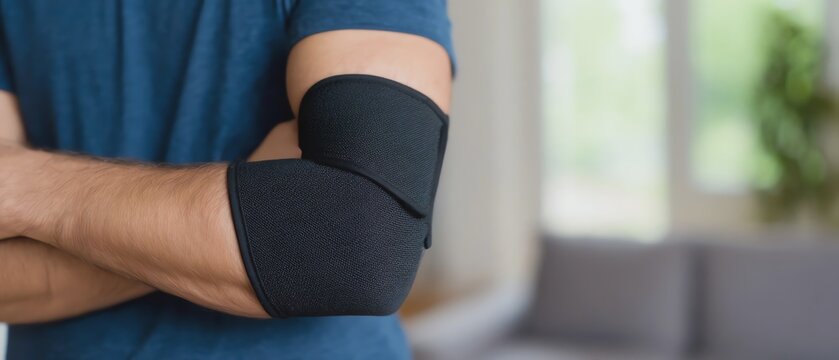 Person wearing a black elbow support brace.