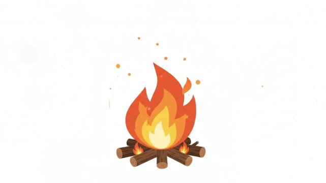 Campfire with glowing flames and wooden logs burns brightly against a clean white background.