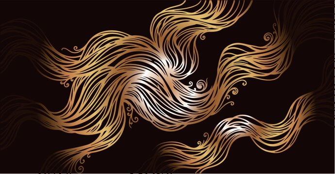 luxury golden fluid wave stream banners, elegant metallic flowing hair line art covers, engraved abstract ribbon vortex dark backgrounds, ornate baroque wind wave wedding frames, vintage gold wavy str