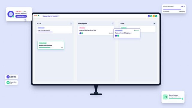 Modern desktop screen displaying project management agile software interface with interactive kanban board, dragging task card to done column, digital workflow organizing efficiency mock-up.