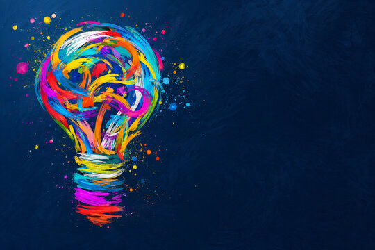 AI generated colorful light bulb formed by expressive painted strokes splashes dark blue background representing creativity innovation imagination bright ideas