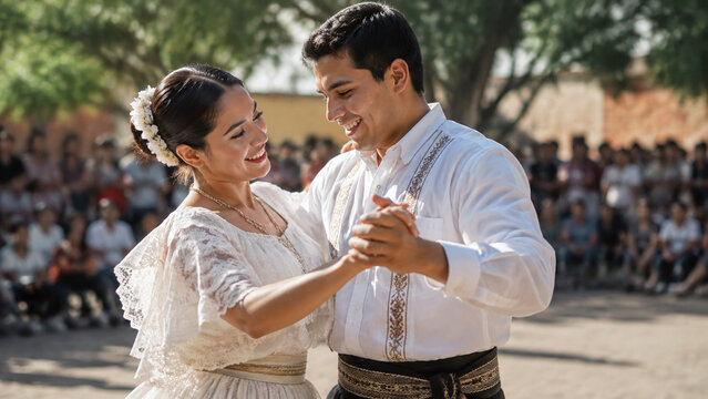 Smiling couple dancing traditional Polca Paraguaya in folk costumes outdoors