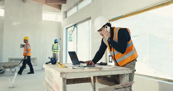 Laptop, phone call and man at site for construction, coordination or client update for progress. Tech, engineer and person talking for renovation design, building development or project status report