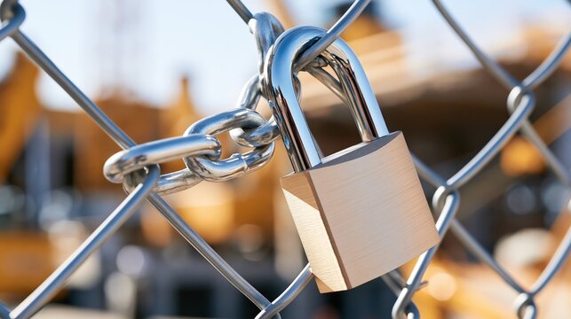 A heavy metal padlock secures a chain link fence in daylight.