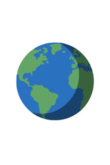 Fototapeta premium Globe showing blue oceans and green continents with a crescent dark shadow on one side, flat vector icon on a white background