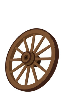 Antique brown wooden wagon wheel with twelve spokes and center hub, flat vector icon on a white background