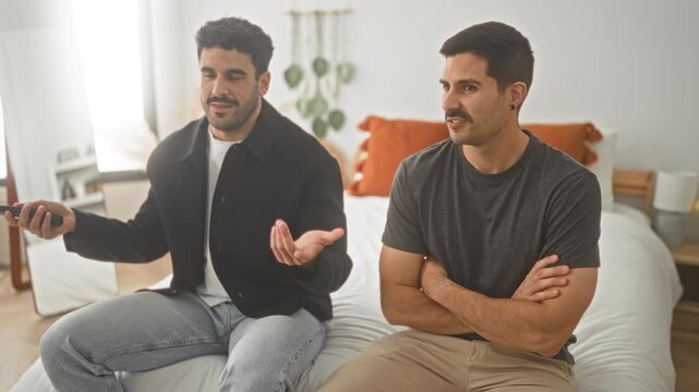 Man and his friend sitting on bed, one holding a tv remote and gesturing with open hands in a building bedroom with mirror, plant and lamp; awkward tension.