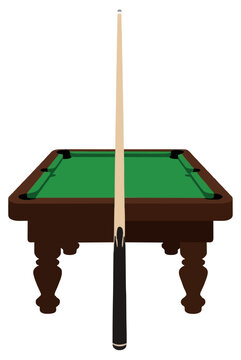 Green felt billiard pool table with pockets and a vertical wooden pool cue stick in front, flat vector icon on a white background