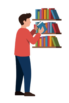 Young man in a red sweater taking a blue book down from a wooden library bookshelf, flat vector illustration on a white background