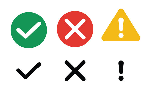 Set of check marks, cross marks and exclamation marks green checkmark, red cross, yellow warning triangle, and black icons