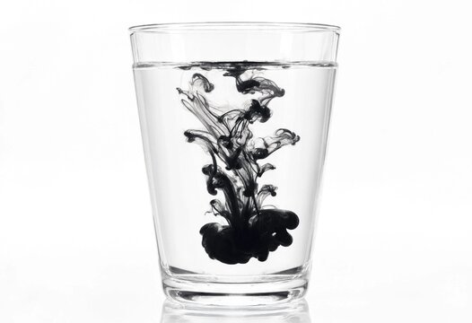 Black ink diffuses through clear water inside a drinking glass, forming elegant smoky swirls and fluid tendrils against a bright white minimalist background.