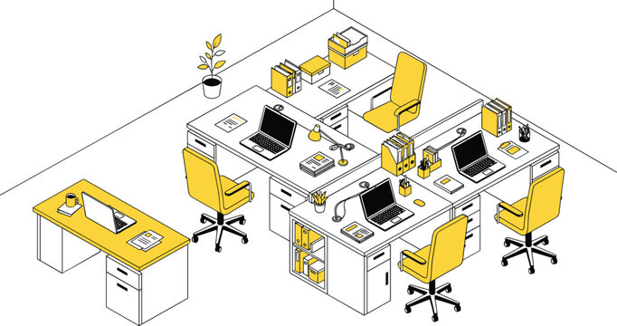 Modern isometric office workspace layout featuring empty corporate employee cubicles yellow chairs desks laptops and organizer files