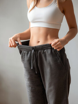 A young woman holding out the waistband of loose sport pants to show big weight loss and progress 