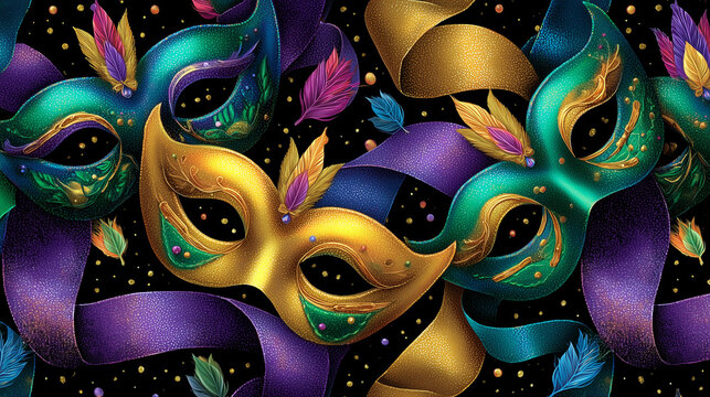 Sparkly Mardi gras background with masks, feathers and ribbons in green, purple, and yellow on a black background for a festive celebration and carnival