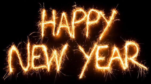 Text 'Happy New Year' written in festive fiery font letters like sparklers on dark background